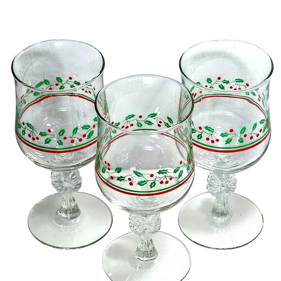 3 Arbys Christmas Bows Holly Water Wine Glasses 6.5" goblets 1980s bow stem - Picture 4 of 8